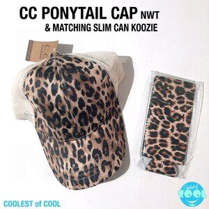 C.C Ponytail hat Adjustable Mesh Leopard print Ponycap trucker hat & slim koozie